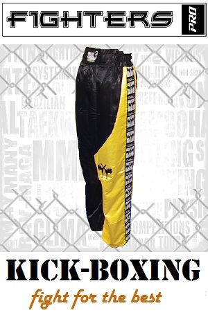 FIGHTERS - Pantaloni da Kickboxing / Raso / Nero-Giallo / XXXS